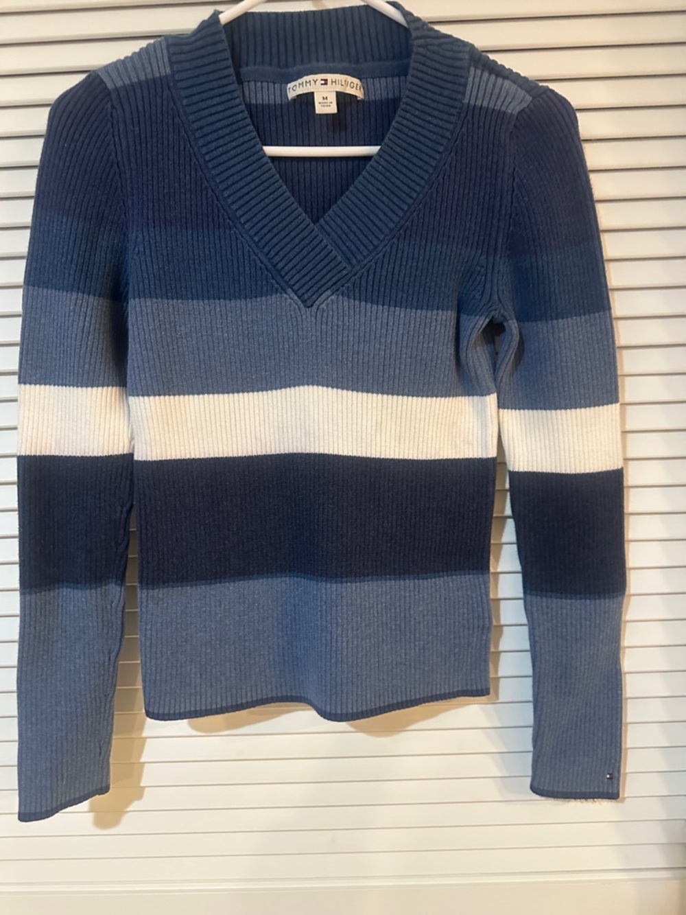 Tommy Hilfiger womens Multi-Blue Striped V-Neck Sweater
